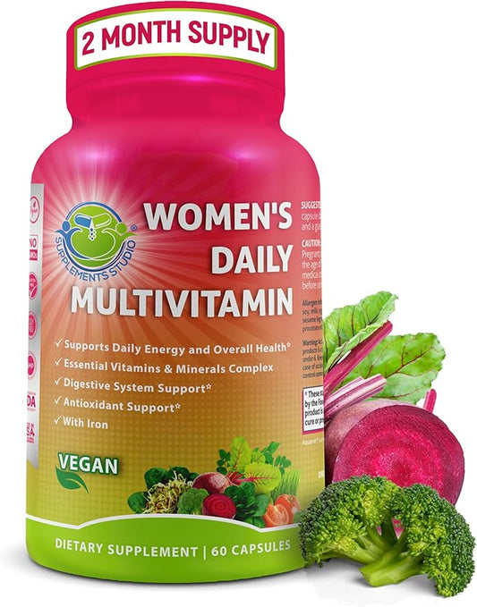 Women's Daily Multivitamin with Iron - Vegan Multivitamin for Women with Biotin, Organic Superfoods, B-Complex, Probiotics, Enzymes - Energy, Immunity, Gut Health Support - Easy to Swallow Capsules