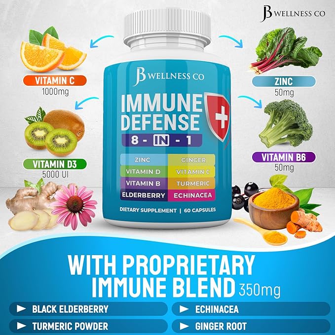Immune Support 8 in 1 Capsules - Zinc Supplement, Vitamin D3 5000 IU, Vitamin C 1000MG and Elderberry - Immune Booster Ginger Root, and Turmeric - [2-Pack]