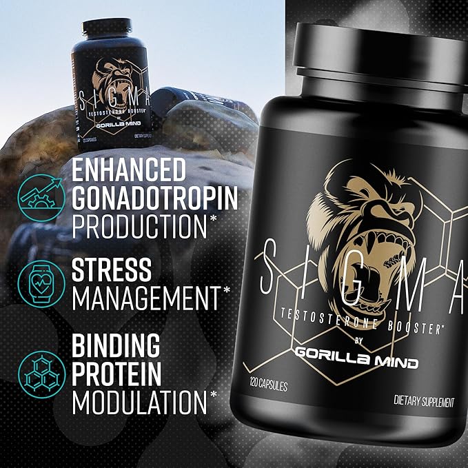 Gorilla Mind Sigma Testosterone Booster - Made with Tongkat Ali and Fadogia Agrestis Extract to Support Higher Testosterone Level (120 Capsules)