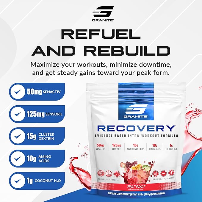 Granite Recovery for Intra & Post Workout |10g Aminos, Electrolytes, Cluster Dextrin for Muscle Recovery & Growth | Amino Acids Supplement with Sensoril | 20 Servings | Fruit Blast