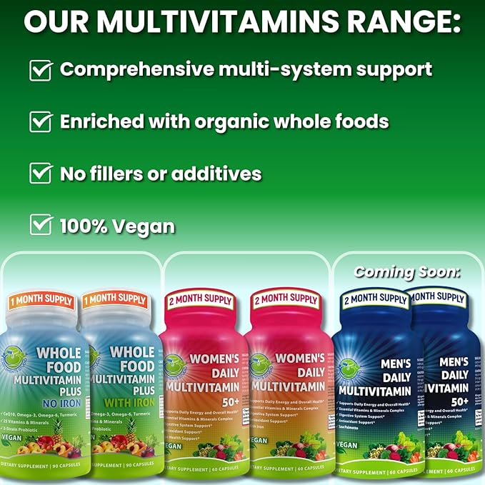 Vegan Whole Food Multivitamin Without Iron, Daily Multivitamin for Women and Men, Made with Fruits & Vegetables, B-Complex, Probiotics, Enzymes, CoQ10, Omegas, Turmeric, Non-GMO, 90 Count