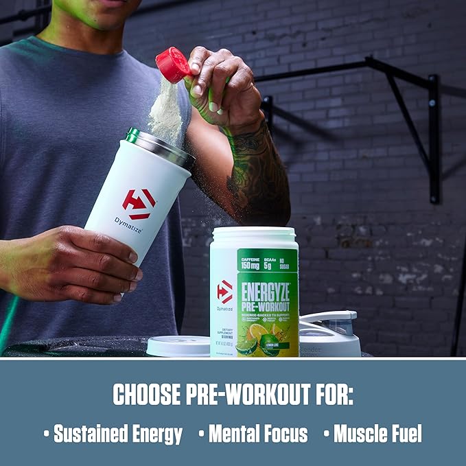 Dymatize Energyze Pre Workout Powder for Men and Women, Lemon Lime Flavor, 150mg Caffeine, 5g BCAAs, Performance Blend of L-Theanine, L-Tyrosine, L-Citrulline, No Sugar, 30 Servings