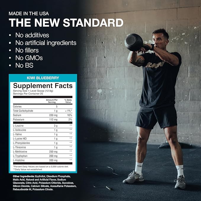 RAW EAA Amino Acids Powder, Kiwi Blueberry (25 Servings) - Pre Workout Amino Energy Powder for Strength, Endurance, Recovery & Lean Muscle Growth - BCAA Amino Acids Supplement for Men & Women