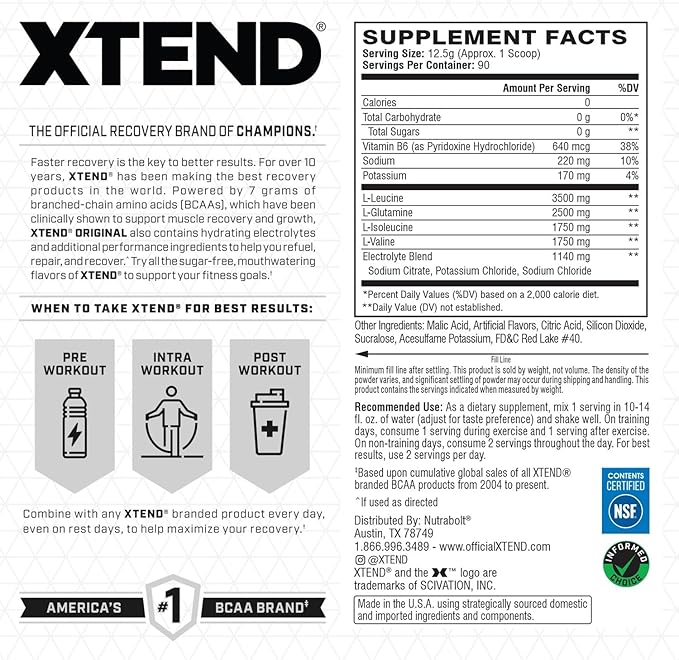Xtend XTEND Original BCAA Powder 7g BCAA and 2.5g L-Glutamine, Sugar Free Post Workout Muscle Recovery Drink with Amino Acids for Men & Women, 90 Servings