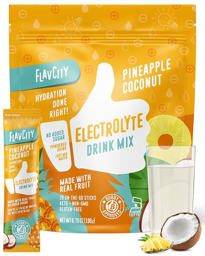 FlavCity Pineapple Coconut Electrolytes Drink Mix, 28 On-The-Go Stick Packs - Healthy Electrolytes Powder Packets Made with Real Fruit - Keto Powdered Drink with No Added Sugar, Gluten-Free
