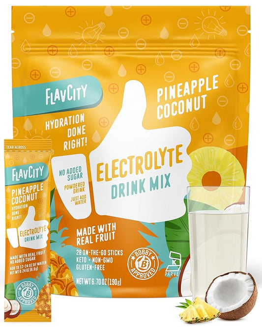 FlavCity Pineapple Coconut Electrolytes Drink Mix, 28 On-The-Go Stick Packs - Healthy Electrolytes Powder Packets Made with Real Fruit - Keto Powdered Drink with No Added Sugar, Gluten-Free