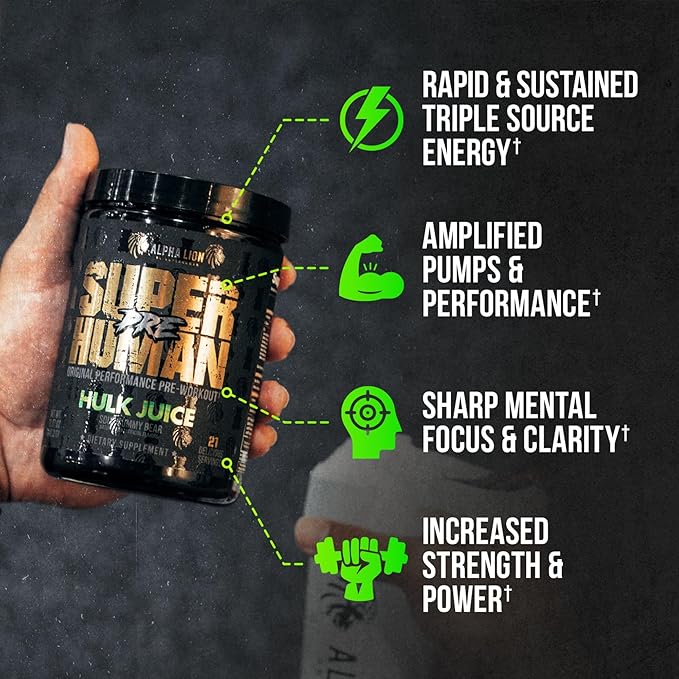 Alpha Lion Superhuman Pre Workout Powder, Beta Alanine, L-Taurine & Tri-Source Caffeine for Sustained Energy & Focus, Nitric Oxide & Citrulline for Pump (21 Servings, Green Gummy Bear Flavor)