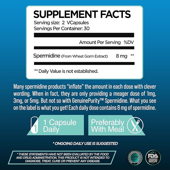 Liposomal Spermidine 8mg | Spermidine-Rich Wheat Germ Extract | for Women & Men to Promote Cellular Renewal for Healthy Aging | Gluten Free, Vegan, USA Made, Non-GMO | 60 Capsules