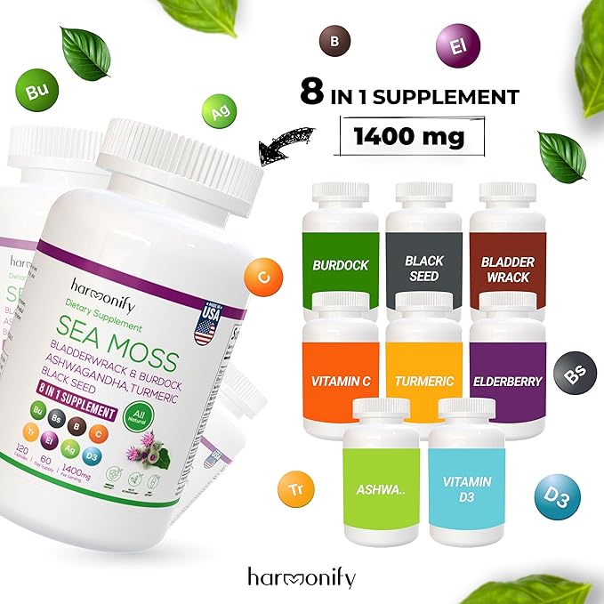 Sea Moss Black Seed Oil Ashwagandha Turmeric Bladderwrack & Burdock with Vitamin C & D3, Sambucus Elderberry, Apple Cider Vinegar and Dandelion Extract, 8 in 1 Supplement, 1400 mg