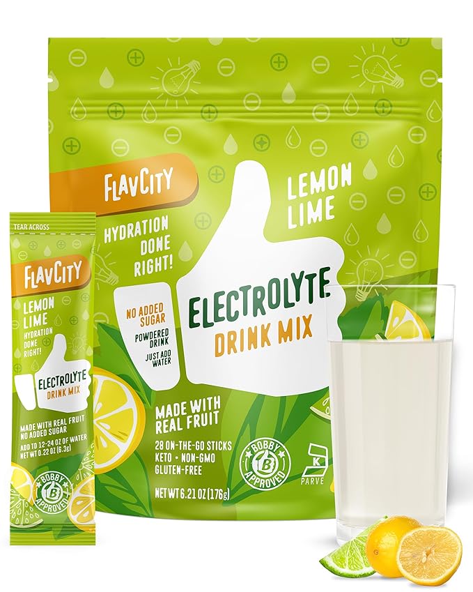 FlavCity Lemon Lime Electrolyte Drink Mix, 28 On-The-Go Stick Packs - Healthy Electrolytes Powder Packets Made with Real Fruit - Keto Powdered Drink with No Added Sugar, Gluten-Free