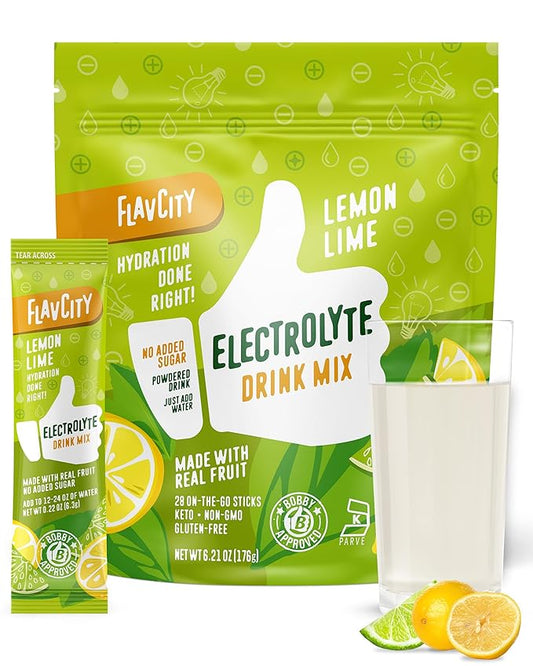 FlavCity Lemon Lime Electrolyte Drink Mix, 28 On-The-Go Stick Packs - Healthy Electrolytes Powder Packets Made with Real Fruit - Keto Powdered Drink with No Added Sugar, Gluten-Free