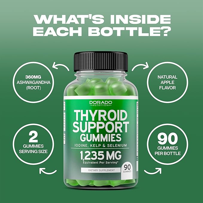 Thyroid Support For Women & Men (90 Gummies) Ashwaganda, Iodine, Bladderwrack, Kelp, & Schisandra - Thyroid Support Supplement - Delicious Flavor - Non-GMO, Vegan, Gluten-Free - (90 Thyroid Gummies)