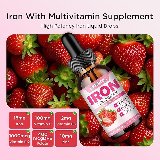 Liquid Iron Supplement for Women Men & Kids Multivitamin Iron Drops with Folate, Vitamin C, B6, B12, Zinc for Anemia, Iron Deficiency, Blood Builder, Energy - Natural Strawberry Flavor, Vegan 2 Fl Oz