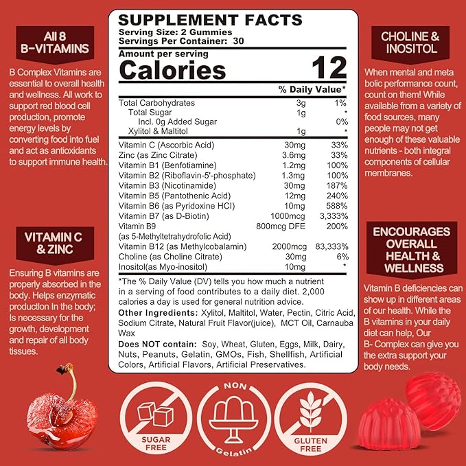 Vitamin B Complex Gummies, Vegan Vitamin B Gummies with 2000 mcg Methyl B12, Methyl Folate | Plus Choline + Inositol, Vitamin C + Zinc for Supports Energy, Mood, Immune, Healthy Hair, Skin - 120 Cts