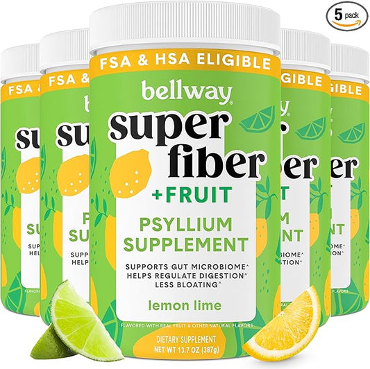 Bellway Super Fiber Powder + Fruit (5 Pack), Sugar Free Organic Psyllium Husk Powder Fiber Supplement for Regularity, Bloating Relief & Gut Health, Non-GMO, Plant-Based, Lemon Lime (250 Servings)
