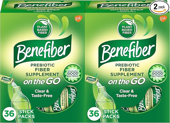 Benefiber On The Go Prebiotic Fiber Supplement Powder for Digestive Health, Daily Powder, Unflavored Stick Packs - 36 Sticks (Pack of 2)