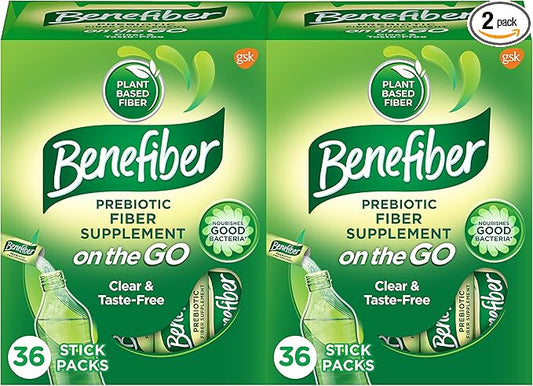 Benefiber On The Go Prebiotic Fiber Supplement Powder for Digestive Health, Daily Powder, Unflavored Stick Packs - 36 Sticks (Pack of 2)
