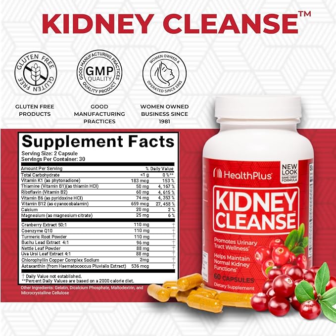 Health Plus Advanced Kidney Cleanse with Cranberry Extract, Turmeric Root and CoQ10, Helps Support Healthy Kidney Function & Urinary Tract Wellness, 60 Capsules