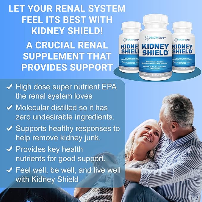 Kidney Shield Omega 3 Fish Oil Supplements - DHA EPA Omega 3 Supplement for Women & Men Kidney Health - Omega3 to Support Normal Kidney Function & Kidney Cleanse Detox & Repair - 120 Lemon Softgels
