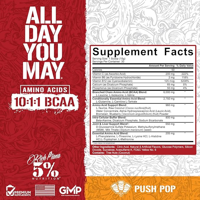 5% Nutrition Rich Piana AllDayYouMay BCAA Powder | Premium Intra & Post Workout Amino Acids, Hydration, Endurance, Muscle Recovery, Joint & Liver Support | 15.87 oz, 30 Servings (Push Pop)