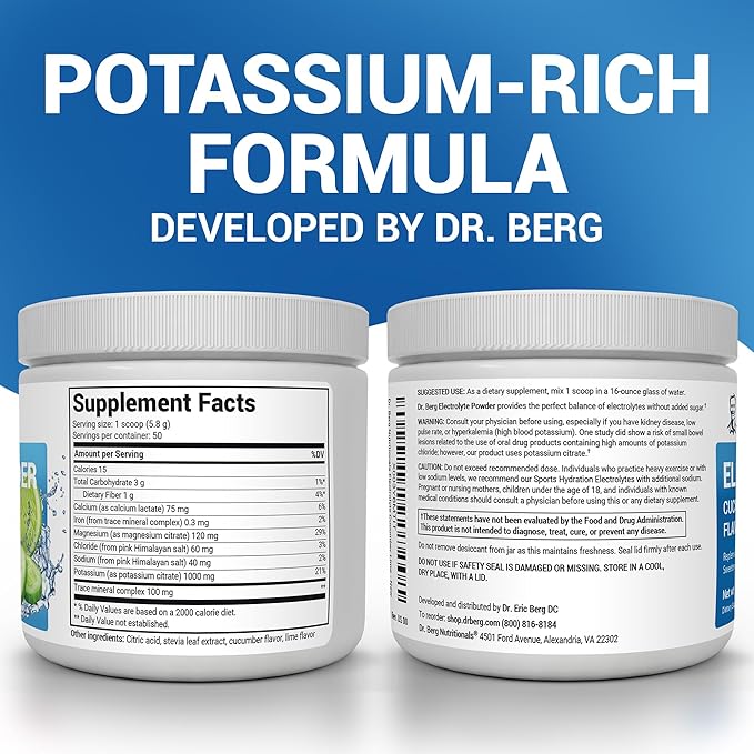 Dr. Berg Zero Sugar Hydration Keto Electrolyte Powder - Enhanced w/ 1000 mg of Potassium & Real Pink Himalayan Salt (NOT Table Salt) - Cucumber Lime Flavor Hydration Drink Mix Supplement - 50 Servings