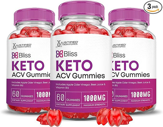(3 Pack) Bliss Keto ACV Gummies Advanced Formula 1000MG Bliss Keto Gummies Apple Cider Vinegar Boost Formulated with Pomegranate Beet Juice Powder B12 Vegan Non GMO 180 Gummys