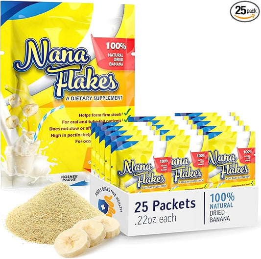 Nana Flakes 100% Pure Banana Flakes Medical Food Powder - Decrease Fat Intake & Natural Remedy for Diarrhea & Heart Burn - Great Source of Protein & Fiber (25 Single-Serve Packs)