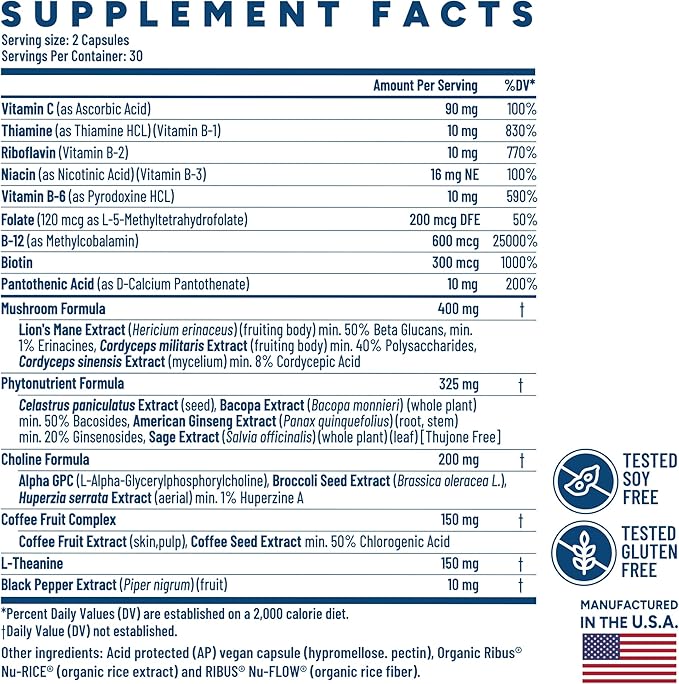 Brain-fx™ Daily Energy Focus Memory Mood Mind Nootropic Supplement - 5-MTHF Methyl B Vitamins, Coffee Fruit, L Theanine, Cordyceps, Lions Mane, Ginseng, Bacopa, Alpha GPC Choline 60 Vegan Capsules