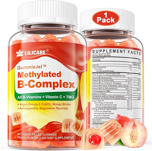 Vitamin B Complex Filled Gummies for Women & Men, Methylated B Complex w/Omega 3, Magnesium,CoQ10, Ashwagandha,Vitamin C, TMG -All B Vitamins- B1,B2,B3,B5,B6,B7,B9 Folate,B12,Inositol,PABA, Sugar Free