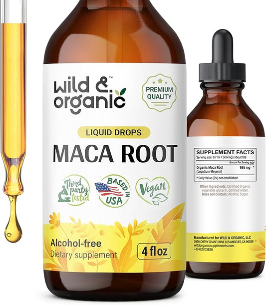 Wild & Organic Maca Root Liquid Drops - Alcohol Free Maca Root Tincture - Peruvian Maca Supplement for Women and Men - Vegan, Sugar Free Maca Drops - 4 fl oz
