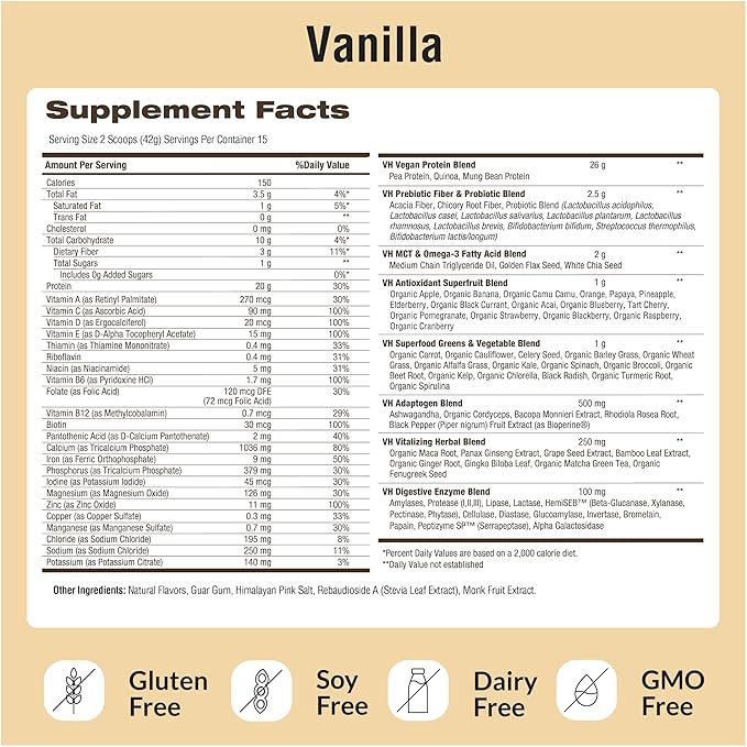 VitaHustle ONE - Superfood Meal Replacement Powder, Plant Based Protein Shake Powder, Vegan. 86 Superfoods, Vitamins, & Minerals, Ashwagandha, Adaptogens. Founded by Kevin Hart. (Vanilla 2-Pack)