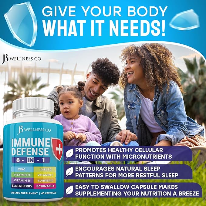 Immune Support 8 in 1 Capsules - Zinc Supplement, Vitamin D3 5000 IU, Vitamin C 1000MG and Elderberry - Immune Booster Ginger Root, and Turmeric - [2-Pack]