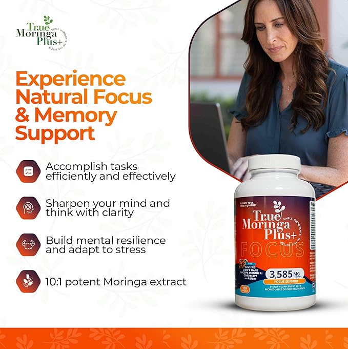 Focus Support Supplement 10:1 Extract | 20,000mg of Organic Moringa, Reishi, Cordyceps, Lion’s Mane, Ashwagandha, Bacopa Monnieri | Memory & Brain Health for Adults (150 Capsules)