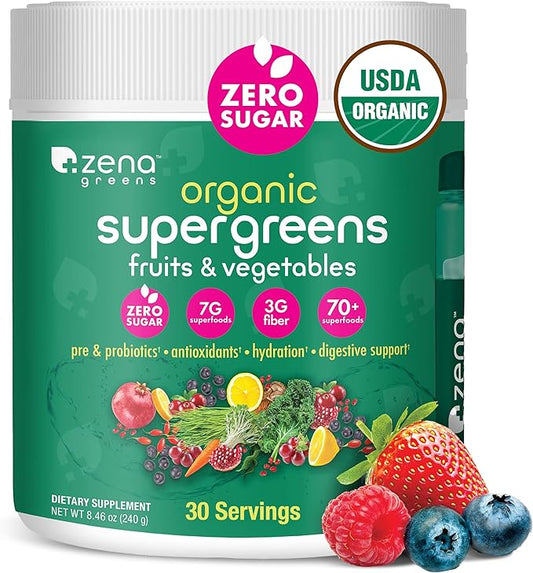 Zena Organic Super Greens Powder, 70+ Superfoods Drink Mix, 0 Sugar, 3G Fiber, Fruits, Veggies, Spirulina, Chlorella, Antioxidants, Pre & Probiotics, Digestive Enzymes, Mixed Berry Flavor, 30 Servings