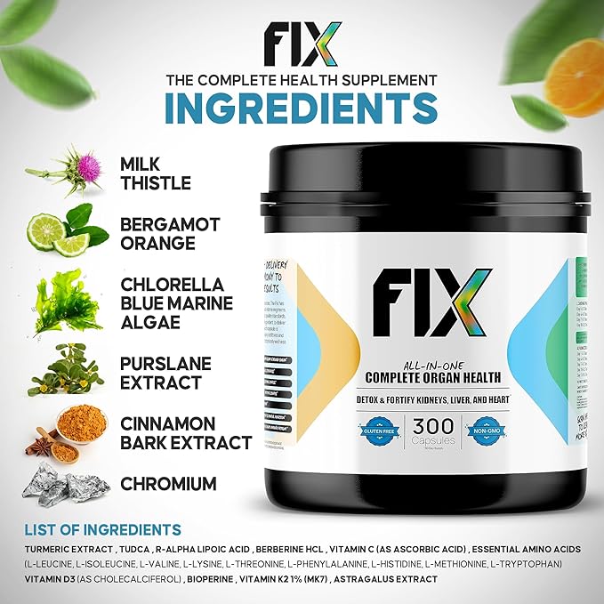 Fix The 16-in-1 Complete Health Supplement - Organ Support for Liver, Heart, and Kidney - Non-GMO, Vegan Formula for Holistic Well-Being - 30 Servings Per Container