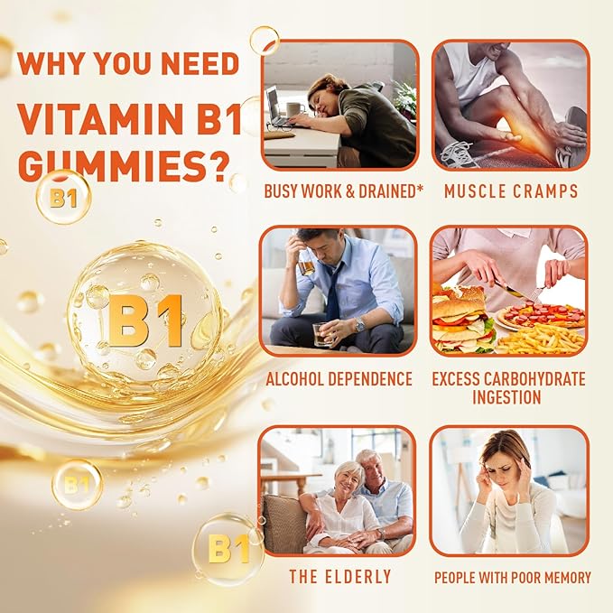 Vitamin B1 Gummies 100mg for Adults & Kids, Thiamine B1 Supplement with 600mg Calcium, Nervous System Supports & Boost Energy, Orange Flavor, Non GMO, Vegan, 120 Chewable Gummies