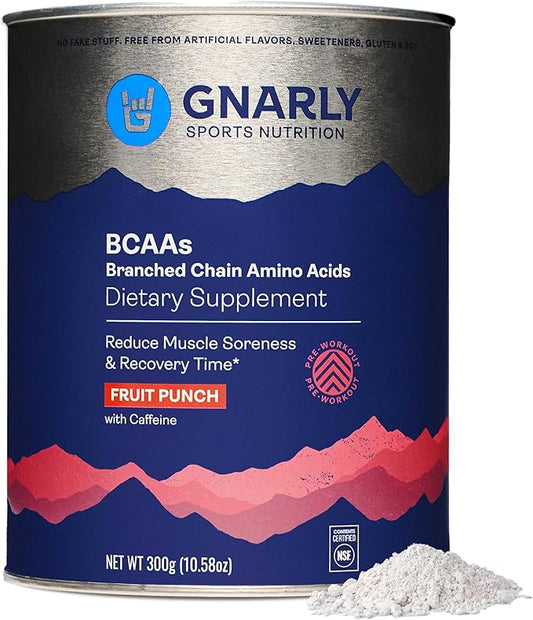 Gnarly Nutrition BCAA Powder - Pre-Workout BCAAS Amino Acids, NSF Contents Certified, Supplement to Support and Rebuild Muscle - Fruit Punch, Caffeine (10.58oz)