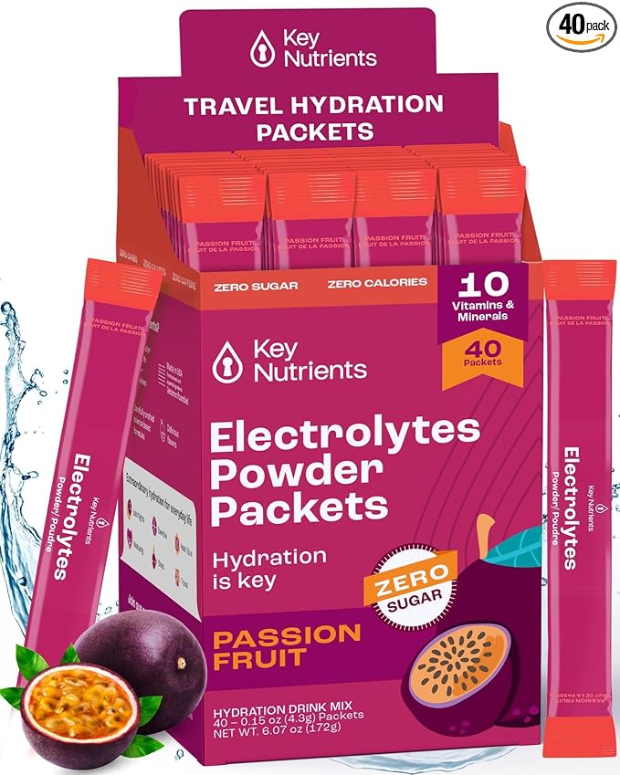 KEY NUTRIENTS Multivitamin Electrolytes Powder Packets - Delicious Passion Fruit 40 Pack Hydration Packets - Travel Hydration Powder - No Sugar, No Calories, Gluten Free - Made in USA