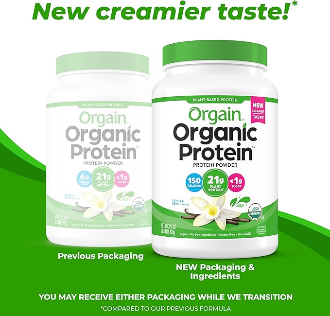Orgain Organic Vegan Protein Powder, Vanilla Bean - 21g Plant Protein, 6g Prebiotic Fiber, No Lactose Ingredients, No Added Sugar, Non-GMO, For Shakes & Smoothies, 2.03 lb (Packaging May Vary)
