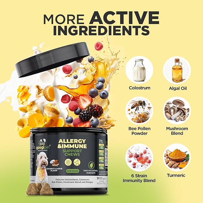 Googipet Dog Allergy Chews, Dog Allergy Relief & Itchy Skin Relief, Dog Skin & Coat Supplement +Bee Pollen, Colostrum for Dogs, Coconut Oil, Probiotics, & Omega 3 Fish Oil for Dogs Itching Skin Relief