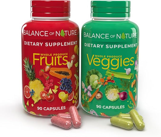 Balance of Nature Fruits & Veggies - Whole Food Supplement with Superfood Fruits and Vegetables for Women, Men, and Kids - 90 Fruit Capsules, 90 Veggie Capsules - 1 Set