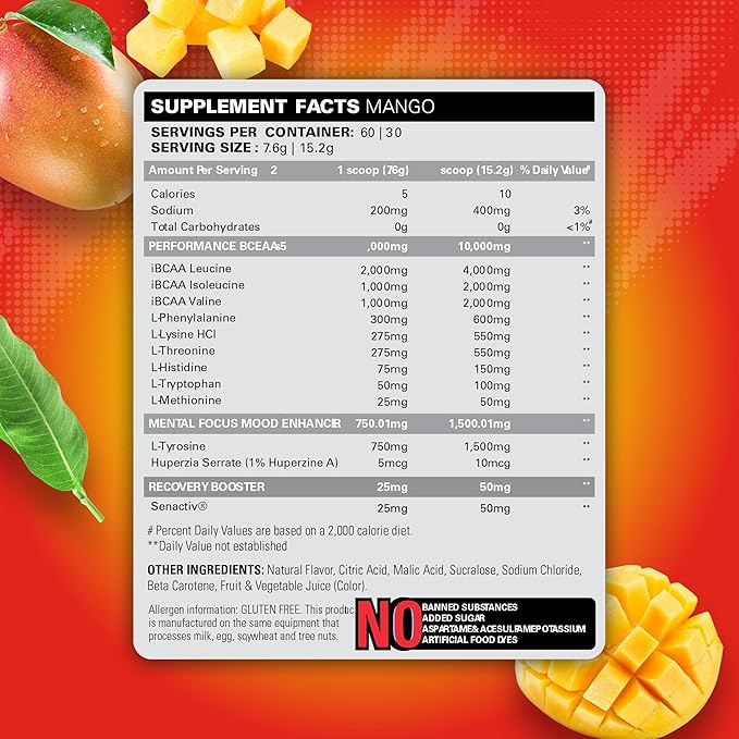 EHP Labs Beyond BCAA Powder Amino Acids Supplement for Muscle Recovery - 8g of Sugar Free BCAAs Amino Acids Post Workout Recovery Powder & 10g of EAA Amino Acids Powder - 60 Servings (Mango)