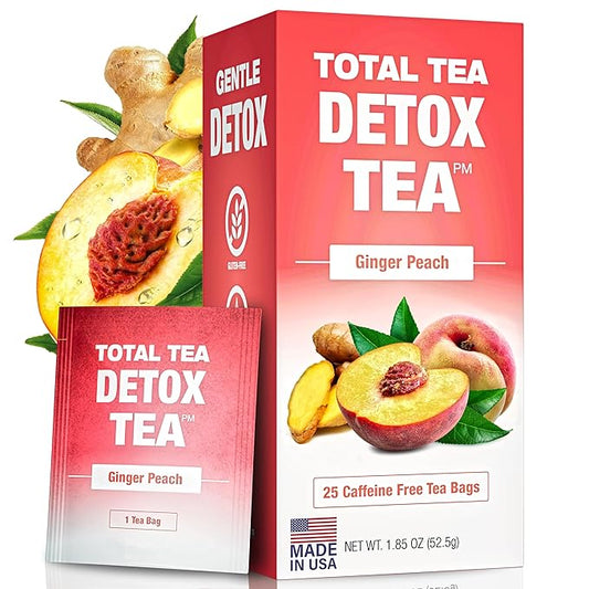 Total Tea SIimming Detox Tea Caffeine Free - 25 Day Detox Tea - Herbal SIim Tea with Chamomile, Hibiscus Tea & Ginger Root for Colon Cleanse – Natural Herbal Ginger & Peach Tea for Digestive Health (25-Pack, Ginger & Peach)