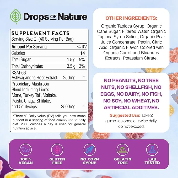 Ashwagandha and Lions Mane Mushroom Supplement Gummies - Organic - Reishi, Cordyceps, Turkey Tail, Maitake, Shitake, Chaga - Immune Defense, Boosts Cognitive Performance, Vegan, Low Carb