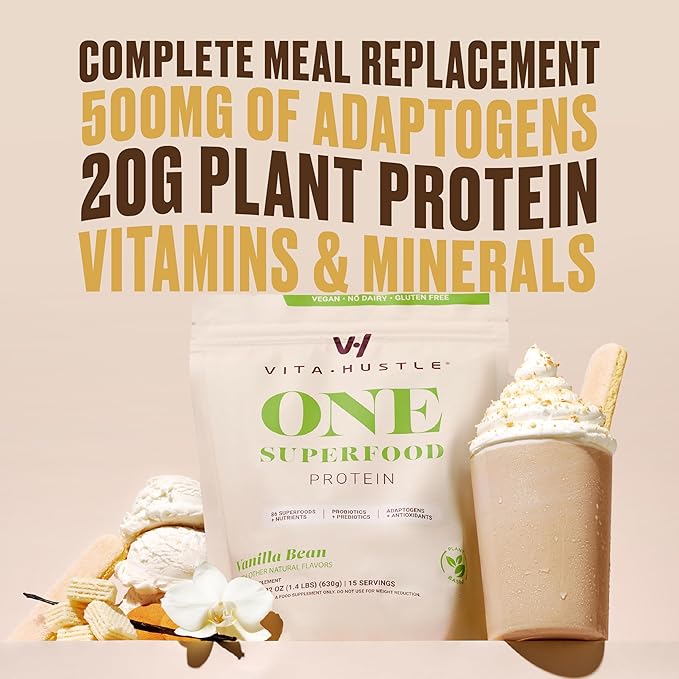 VitaHustle ONE - Superfood Meal Replacement Powder, Plant Based Protein Shake Powder, Vegan. 86 Superfoods, Vitamins, & Minerals, Ashwagandha, Adaptogens. Founded by Kevin Hart. (Vanilla 2-Pack)