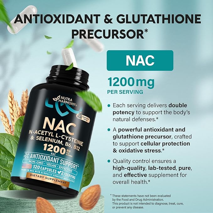 NAC Supplement | Selenium | B6 | B12 - Antioxidant, Immune Support - N Acetyl Cysteine 600 mg per Capsule, 1200 mg per Serving - Made in USA - Non-GMO, Gluten-Free, Vegan - 2 Month Supply