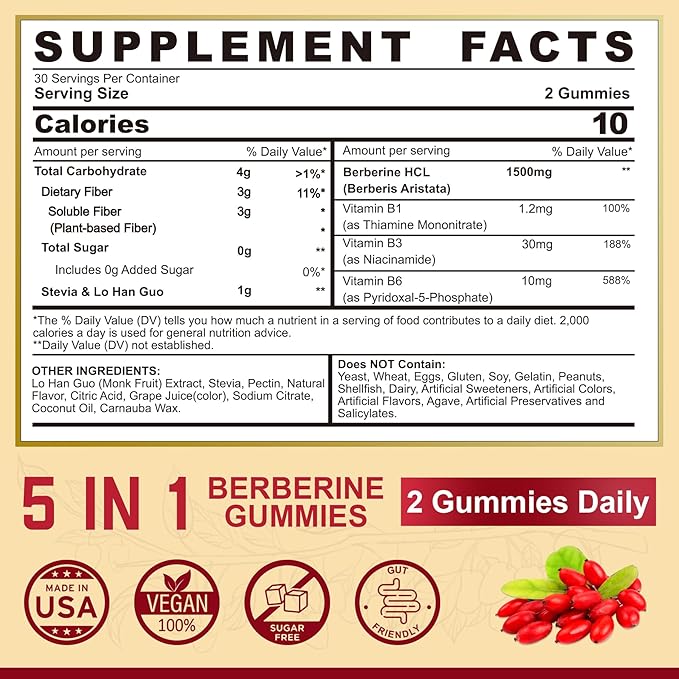 Berberine Supplement 1500mg with Soluble Fiber, B1, B3 & B6, Sugar Free Berberine HCL Gummies, High Bioavailability AMPK Activitor for Metabolism Balanced, Daily Digestive & Body Management, 60 Cts