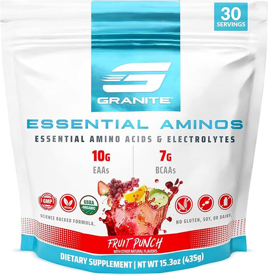 Granite 10g Essential Amino Acids Powder | Muscle Recovery Supplement for Muscle Growth | 7g BCAA Powder with Electrolytes | 30 Servings | Fruit Punch Flavor | Soy & Gluten Free | Made in USA