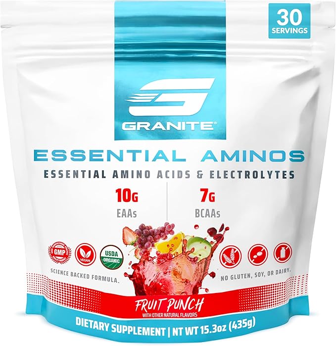 Granite 10g Essential Amino Acids Powder | Muscle Recovery Supplement for Muscle Growth | 7g BCAA Powder with Electrolytes | 30 Servings | Fruit Punch Flavor | Soy & Gluten Free | Made in USA