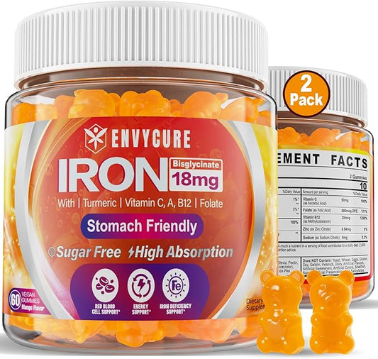 Sugar Free Iron Gummies 18mg for Women Men, Iron Bisglycinate Supplement Gummies with Vitamin C, Turmeric & Folate - Blood Builder for Iron Deficiency, Anemia & Energy, Non-Constipating (2 PACK)